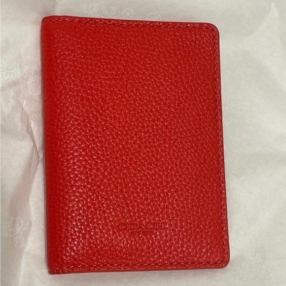 Coach Card Wallet in Electric Coral/Electric Red Pebble Leather - Picture 1 of 7